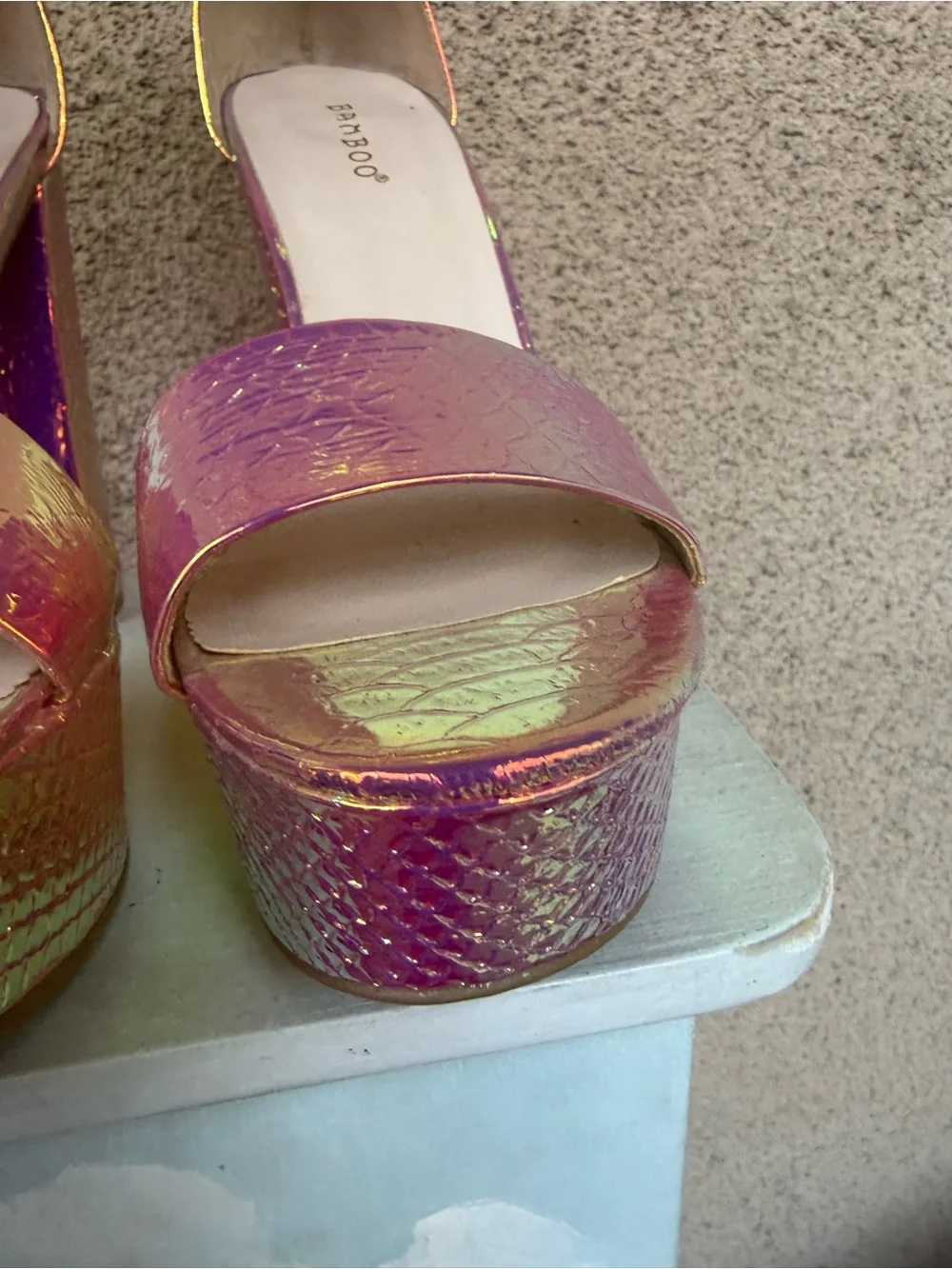 BAMBOO Iridescent Pink-Purple Platform Ankle Strap Sandals